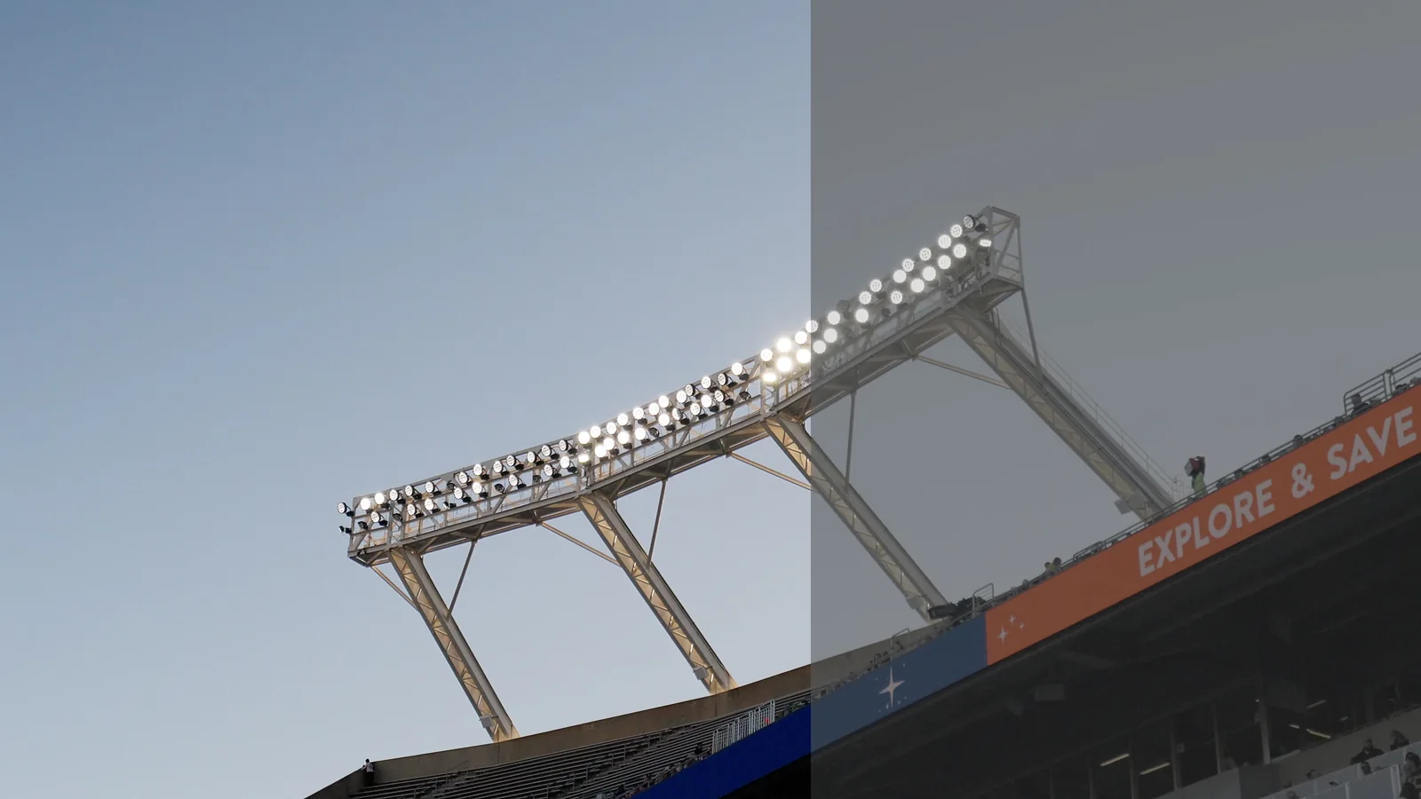 Before-and-after color grade split of stadium footage — video editing and color correction by JandyLucho Marketing and Media