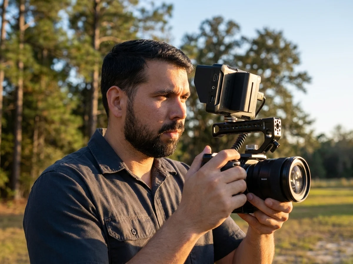 Jandy behind the camera on a cinema rig — founder of JandyLucho Marketing and Media