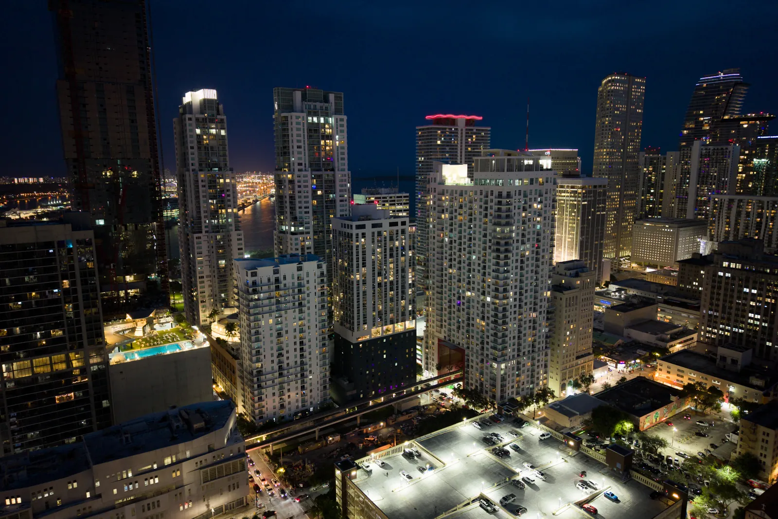 Blue-hour aerial of downtown Miami high-rises, shot for YOTEL Miami